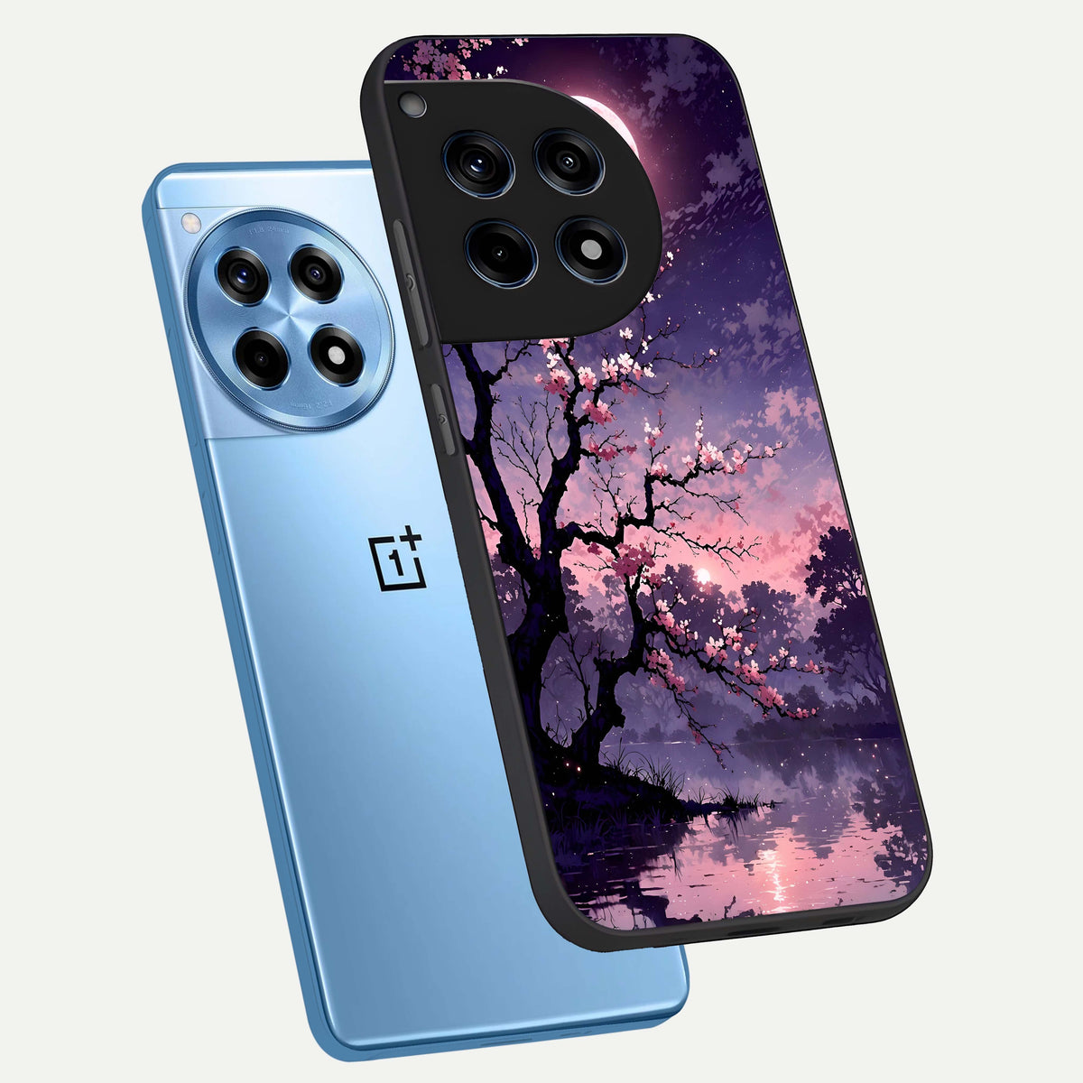  Blossom Pink Moon phone case For OnePlus 12R showing premium glass back cover with detailed artwork