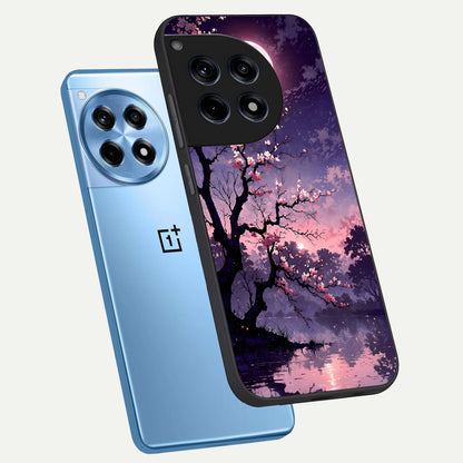 Blossom Pink Moon phone case For OnePlus 12R showing premium glass back cover with detailed artwork