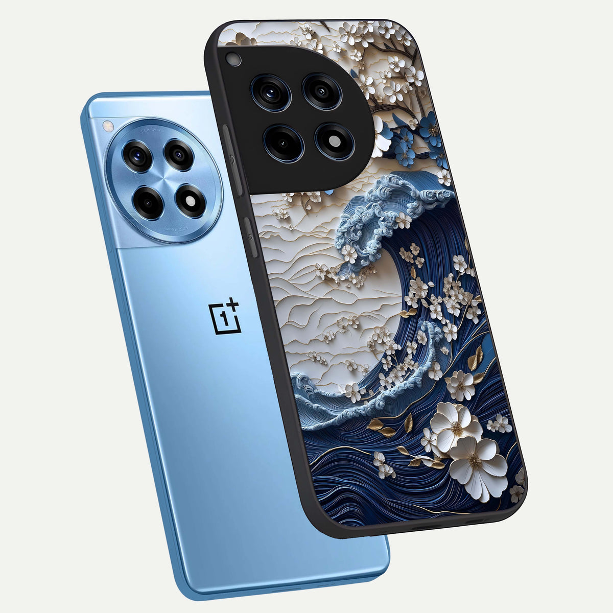  Blossom Wave Art phone case For OnePlus 12R showing premium glass back cover with detailed artwork