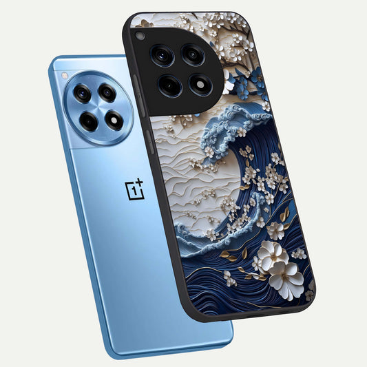  Blossom Wave Art phone case For OnePlus 12R showing premium glass back cover with detailed artwork