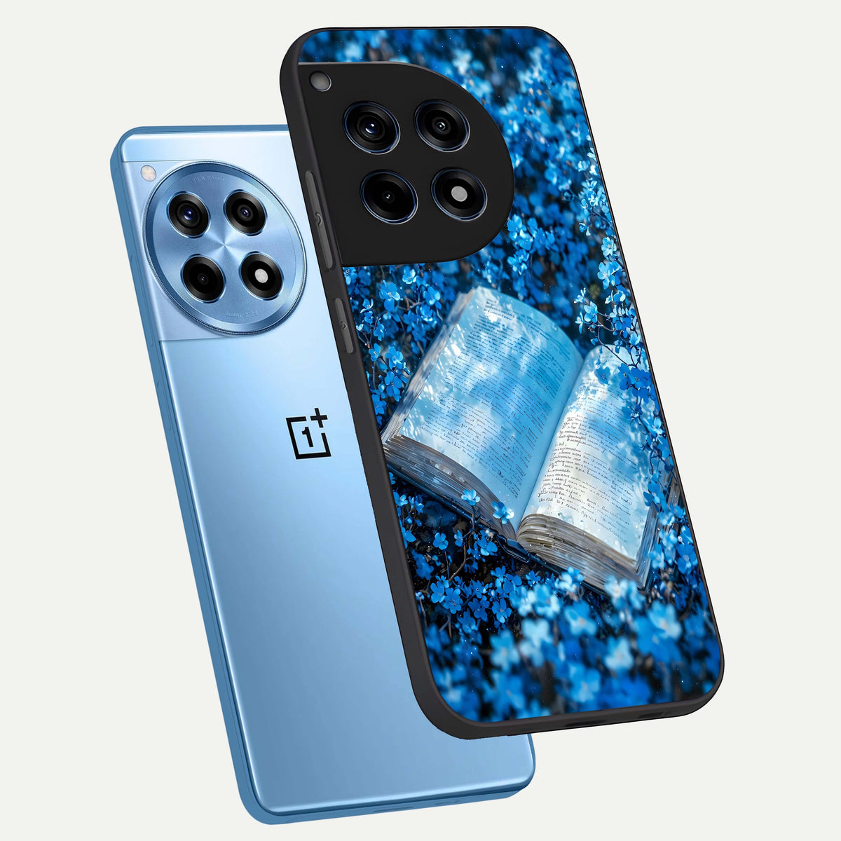  Blue Bloom Tales phone case For OnePlus 12R showing premium glass back cover with detailed artwork