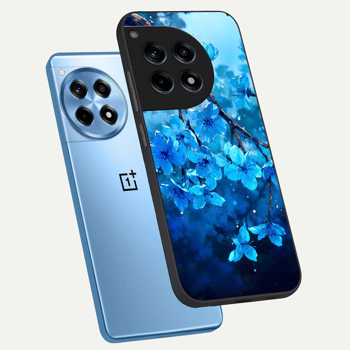  Blue Blossoms Branch phone case For OnePlus 12R showing premium glass back cover with detailed artwork