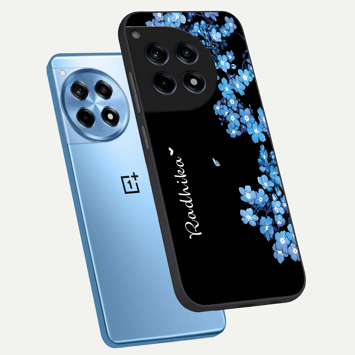  Blue Petal Dream Custom Name phone case For OnePlus 12R showing premium glass back cover with detailed artwork