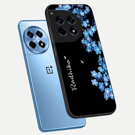  Blue Petal Dream Custom Name phone case For OnePlus 12R showing premium glass back cover with detailed artwork