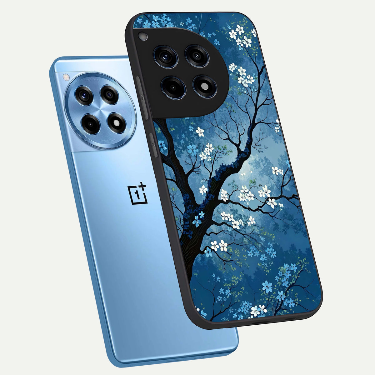  Blue Tree Serenity phone case For OnePlus 12R showing premium glass back cover with detailed artwork