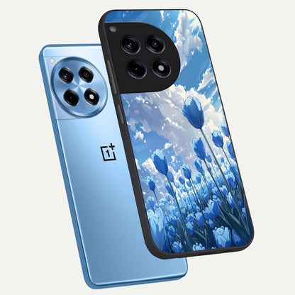  Blue Tulip Clouds phone case For OnePlus 12R showing premium glass back cover with detailed artwork