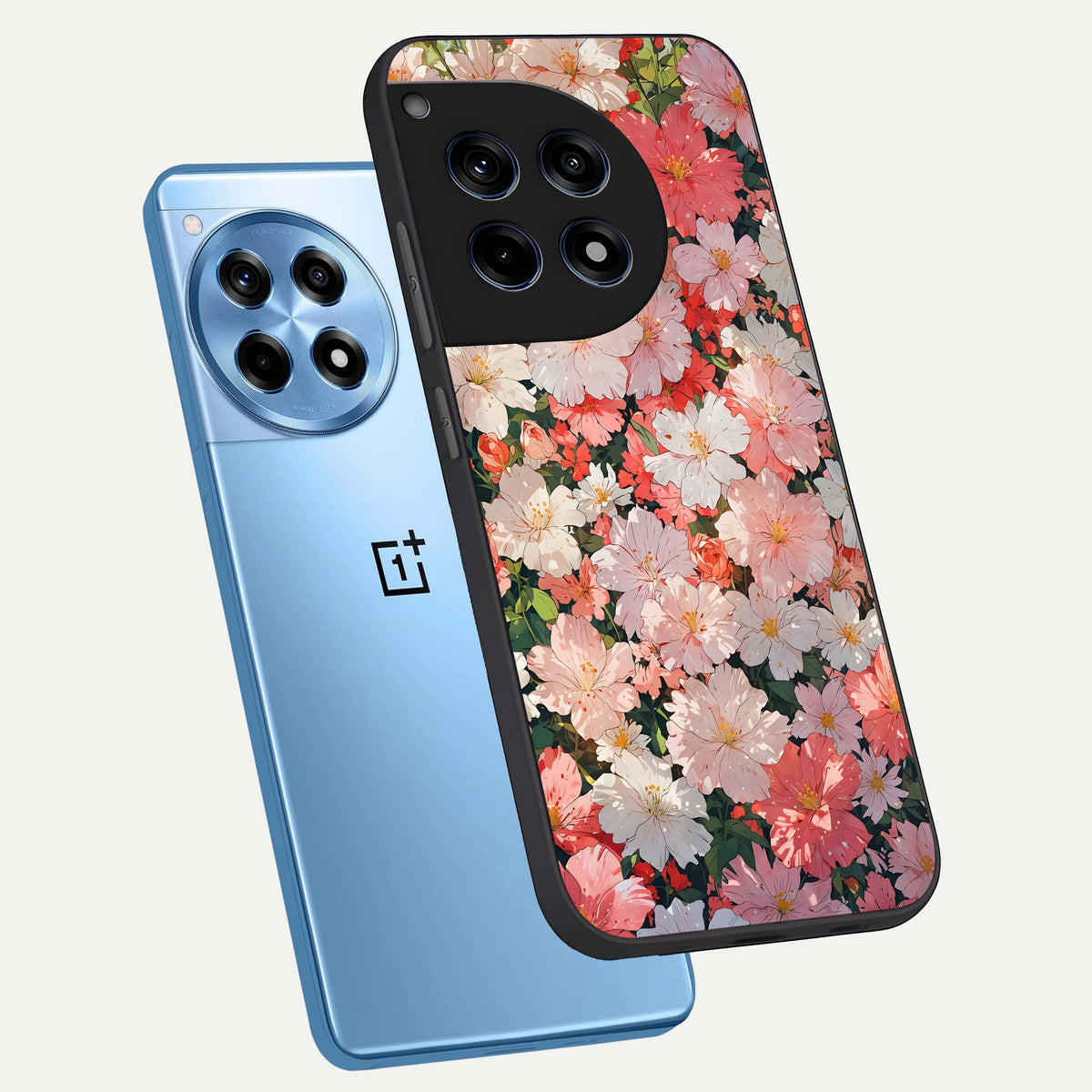  Blush Bloom Field phone case For OnePlus 12R showing premium glass back cover with detailed artwork
