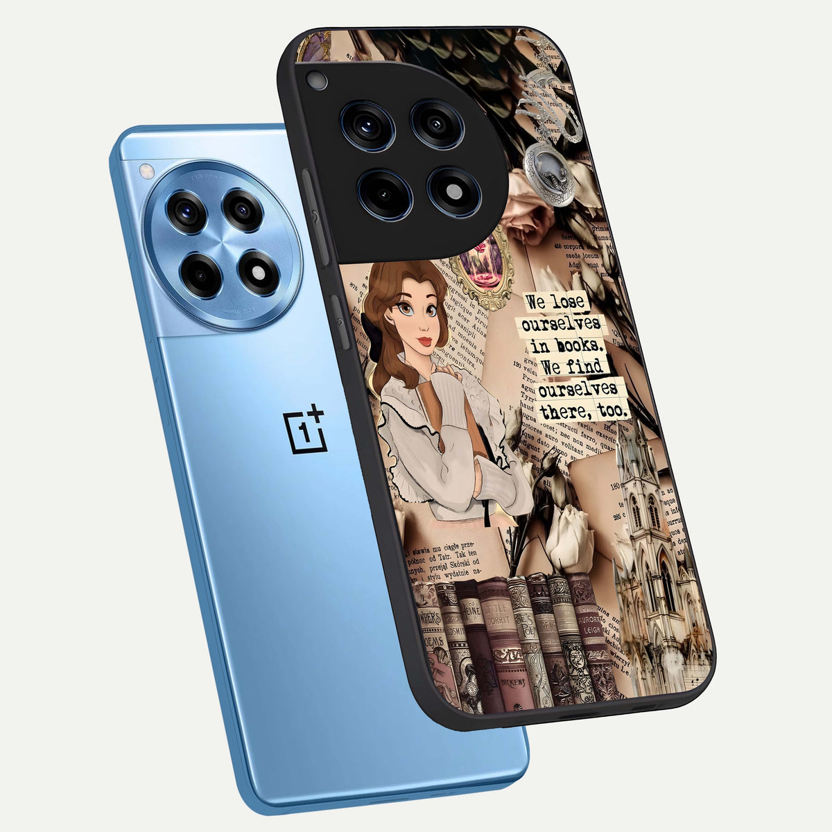  Bookish Dream World phone case For OnePlus 12R showing premium glass back cover with detailed artwork