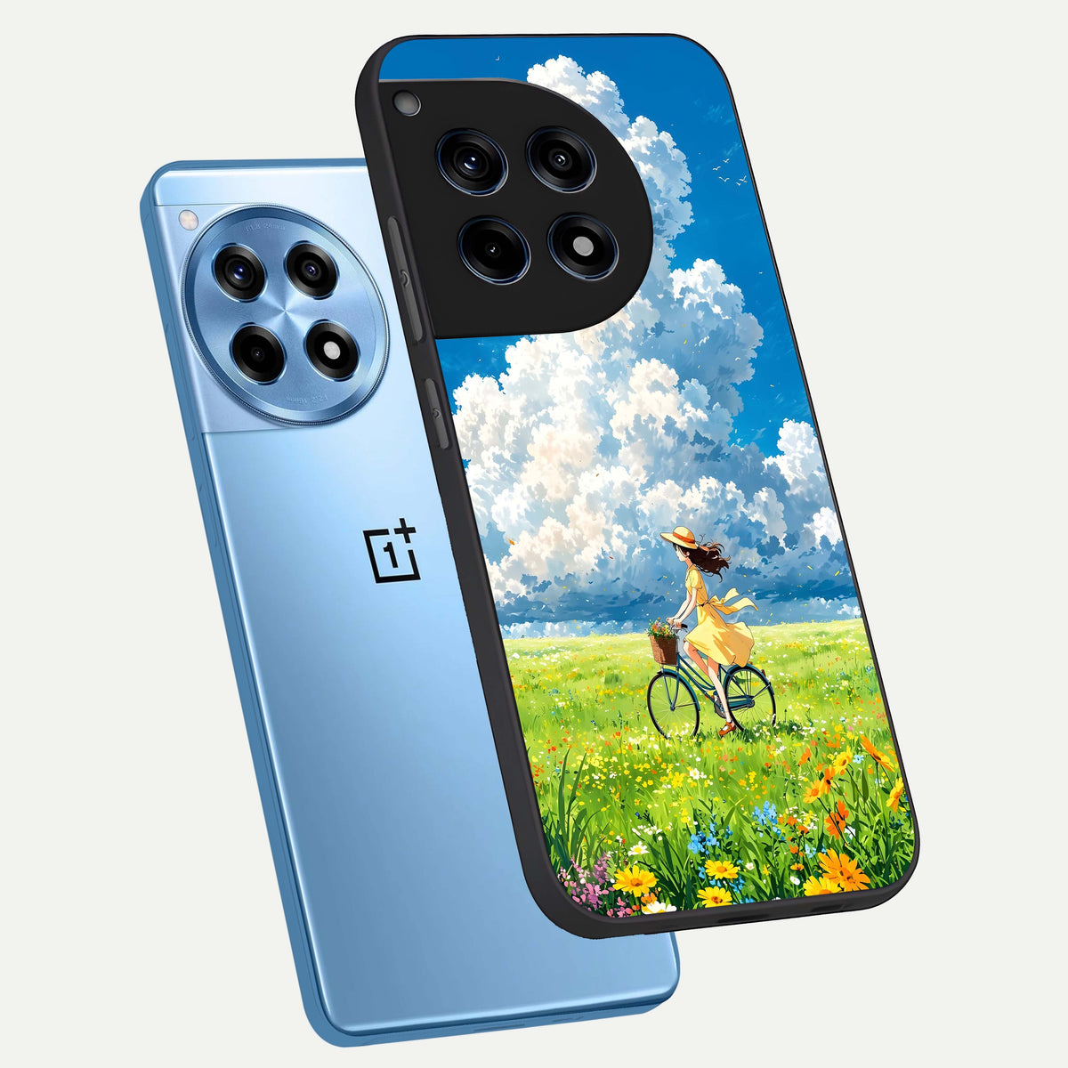  Breezy Meadow Ride phone case For OnePlus 12R showing premium glass back cover with detailed artwork