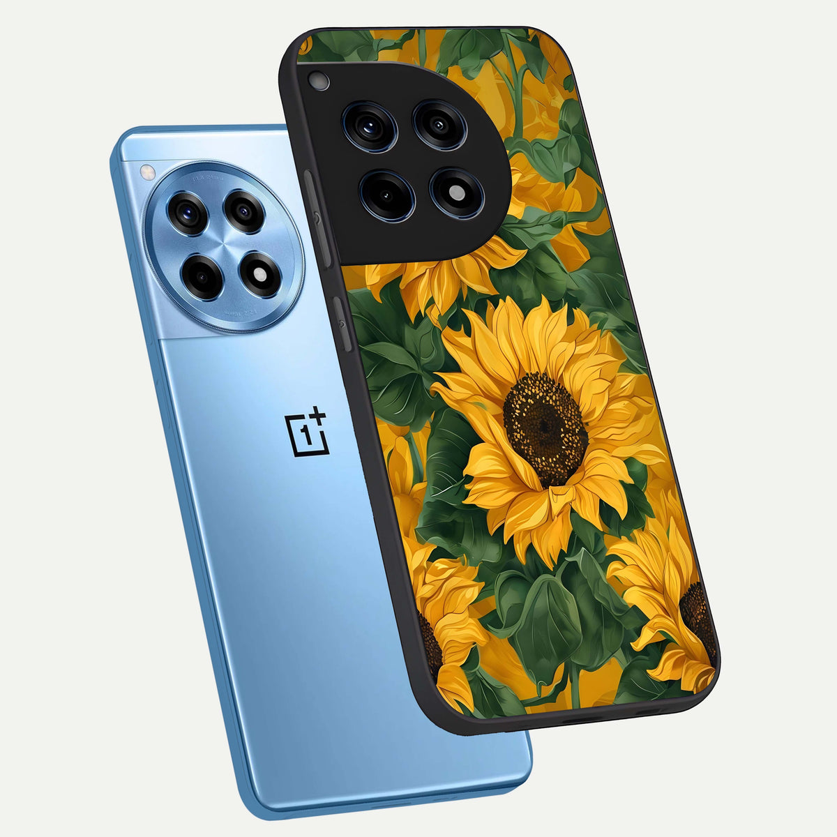  Bright Sunflower Bloom phone case For OnePlus 12R showing premium glass back cover with detailed artwork