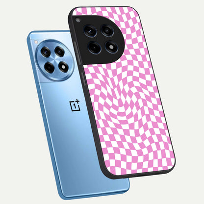  Bubblegum Check Wave phone case For OnePlus 12R showing premium glass back cover with detailed artwork