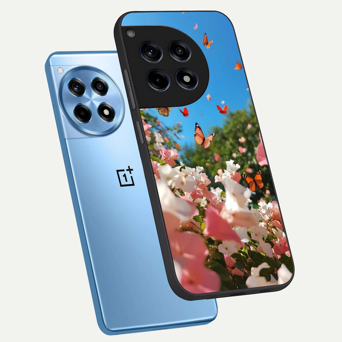  Butterflies In Bloom Sky phone case For OnePlus 12R showing premium glass back cover with detailed artwork