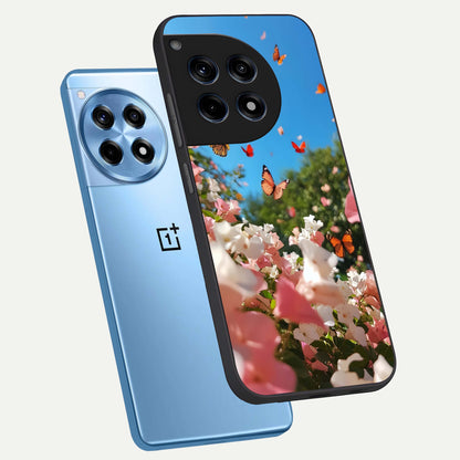  Butterflies In Bloom Sky phone case For OnePlus 12R showing premium glass back cover with detailed artwork