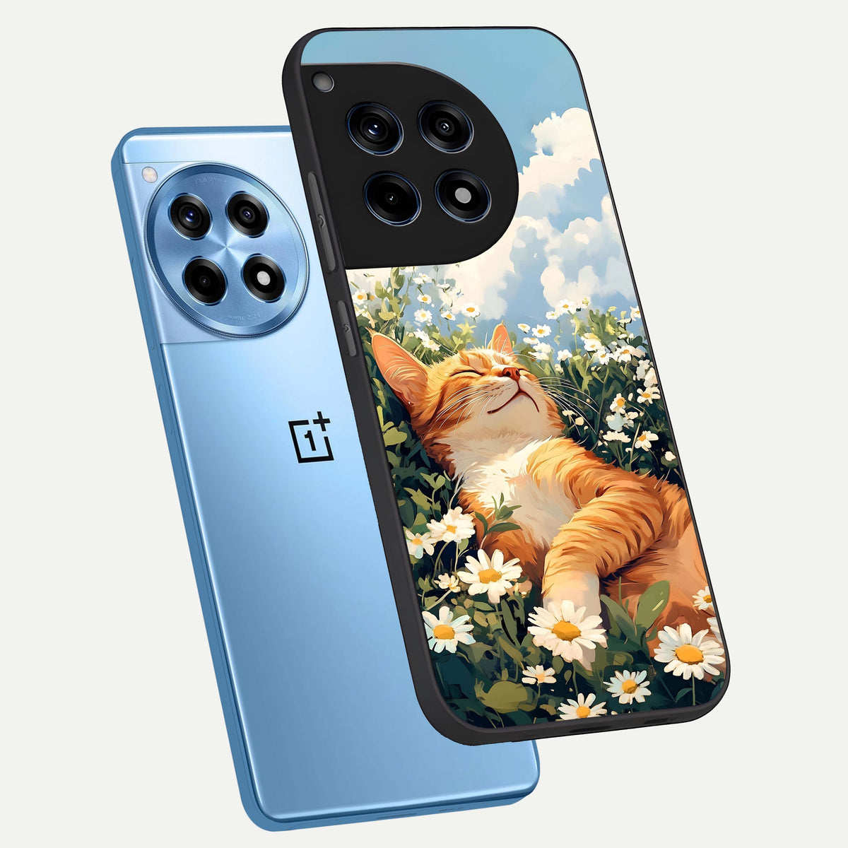  Cat And Flowers View phone case For OnePlus 12R showing premium glass back cover with detailed artwork