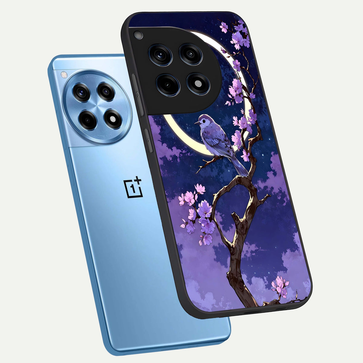  Celestial Bird Blossom phone case For OnePlus 12R showing premium glass back cover with detailed artwork