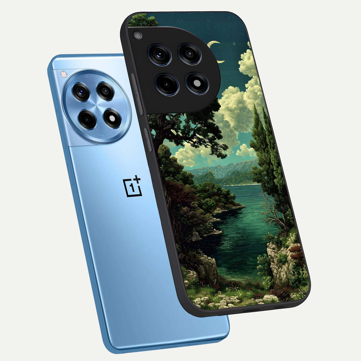  Celestial Lake Peace phone case For OnePlus 12R showing premium glass back cover with detailed artwork