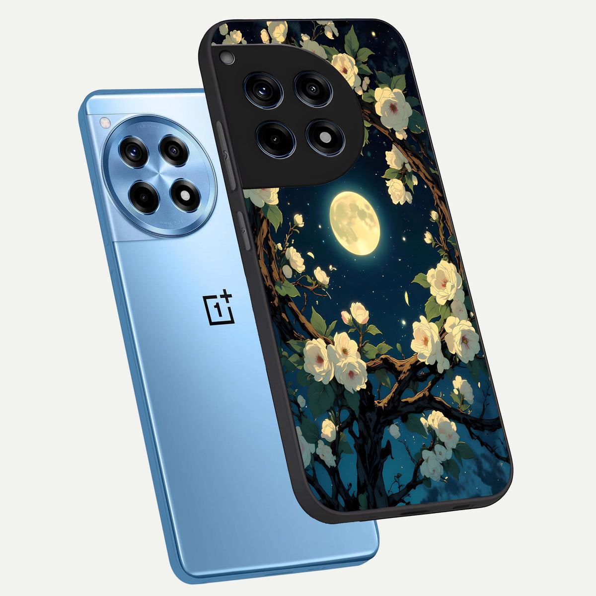  Celestial Moon And Flower phone case For OnePlus 12R showing premium glass back cover with detailed artwork