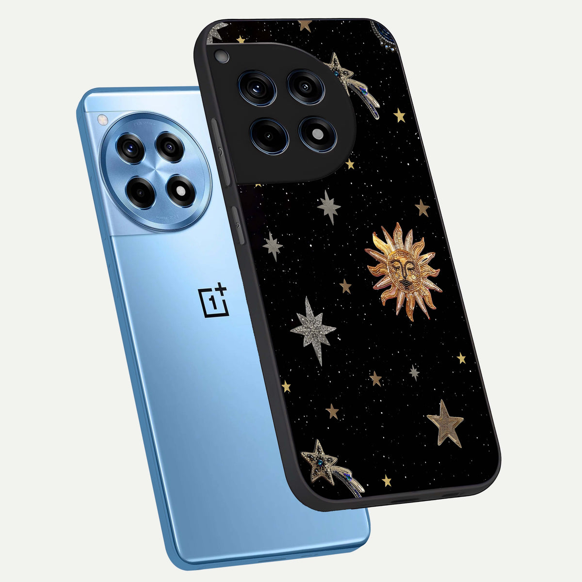  Celestial Moon With Stars phone case For OnePlus 12R showing premium glass back cover with detailed artwork