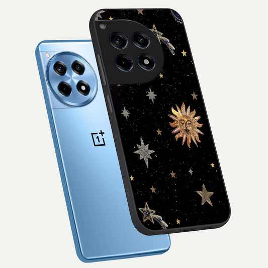  Celestial Moon With Stars phone case For OnePlus 12R showing premium glass back cover with detailed artwork