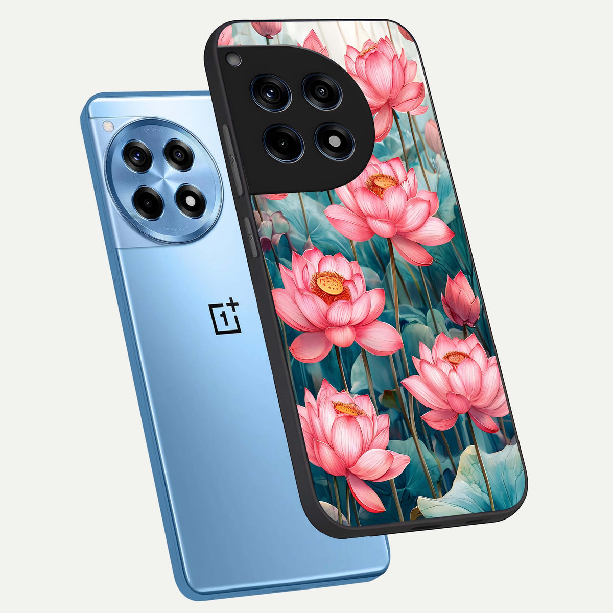  Celestial Pink Lotus phone case For OnePlus 12R showing premium glass back cover with detailed artwork