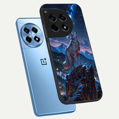  Celestial Wolf Howl phone case For OnePlus 12R showing premium glass back cover with detailed artwork