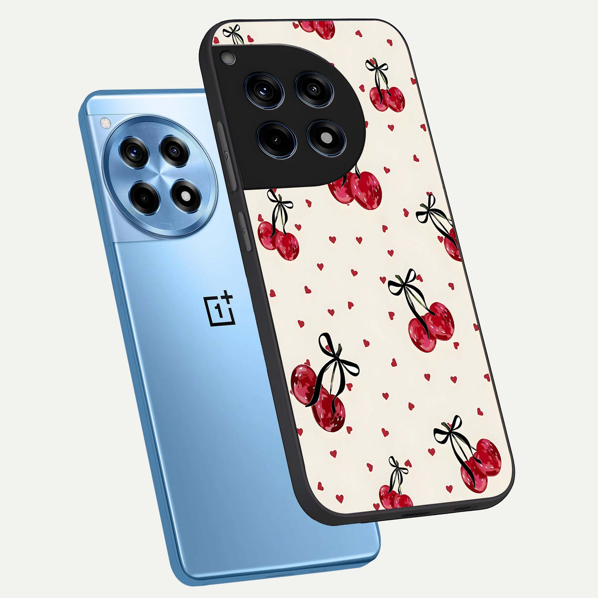  Cherry Heart Bow phone case For OnePlus 12R showing premium glass back cover with detailed artwork
