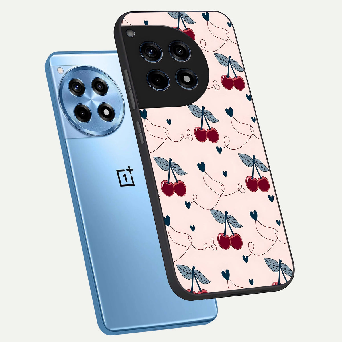  Cherry Heart Line phone case For OnePlus 12R showing premium glass back cover with detailed artwork