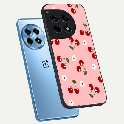  Cherry Love Mood phone case For OnePlus 12R showing premium glass back cover with detailed artwork
