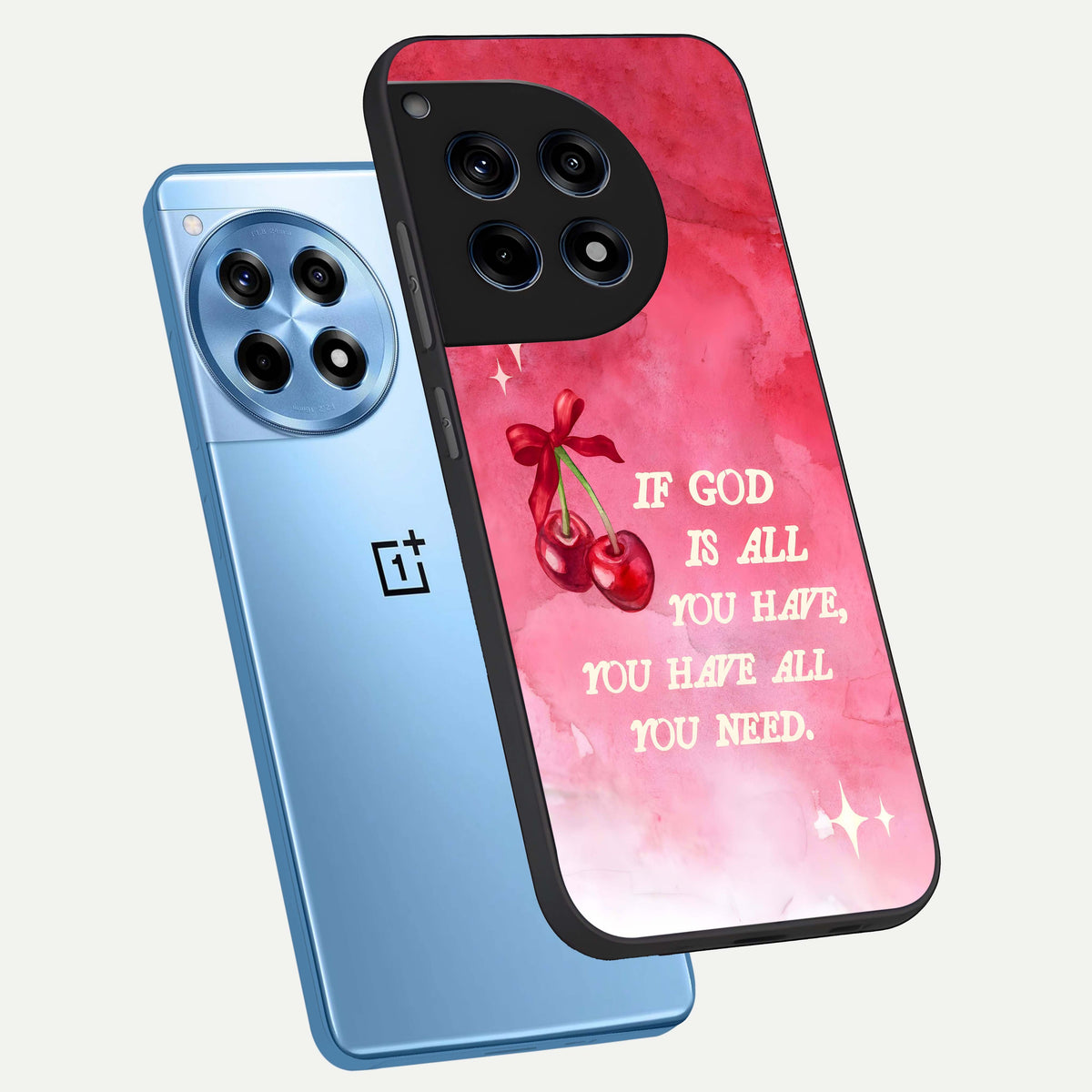  Cherry Quote phone case For OnePlus 12R showing premium glass back cover with detailed artwork
