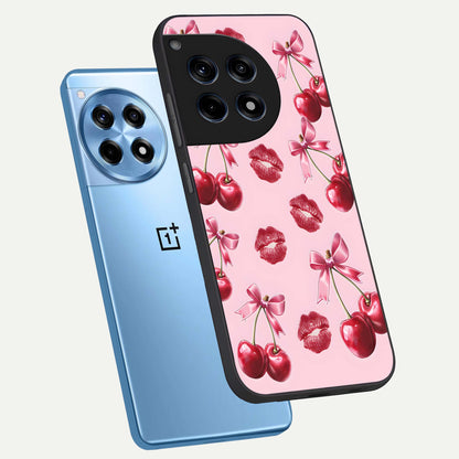  Cherry With Lips phone case For OnePlus 12R showing premium glass back cover with detailed artwork