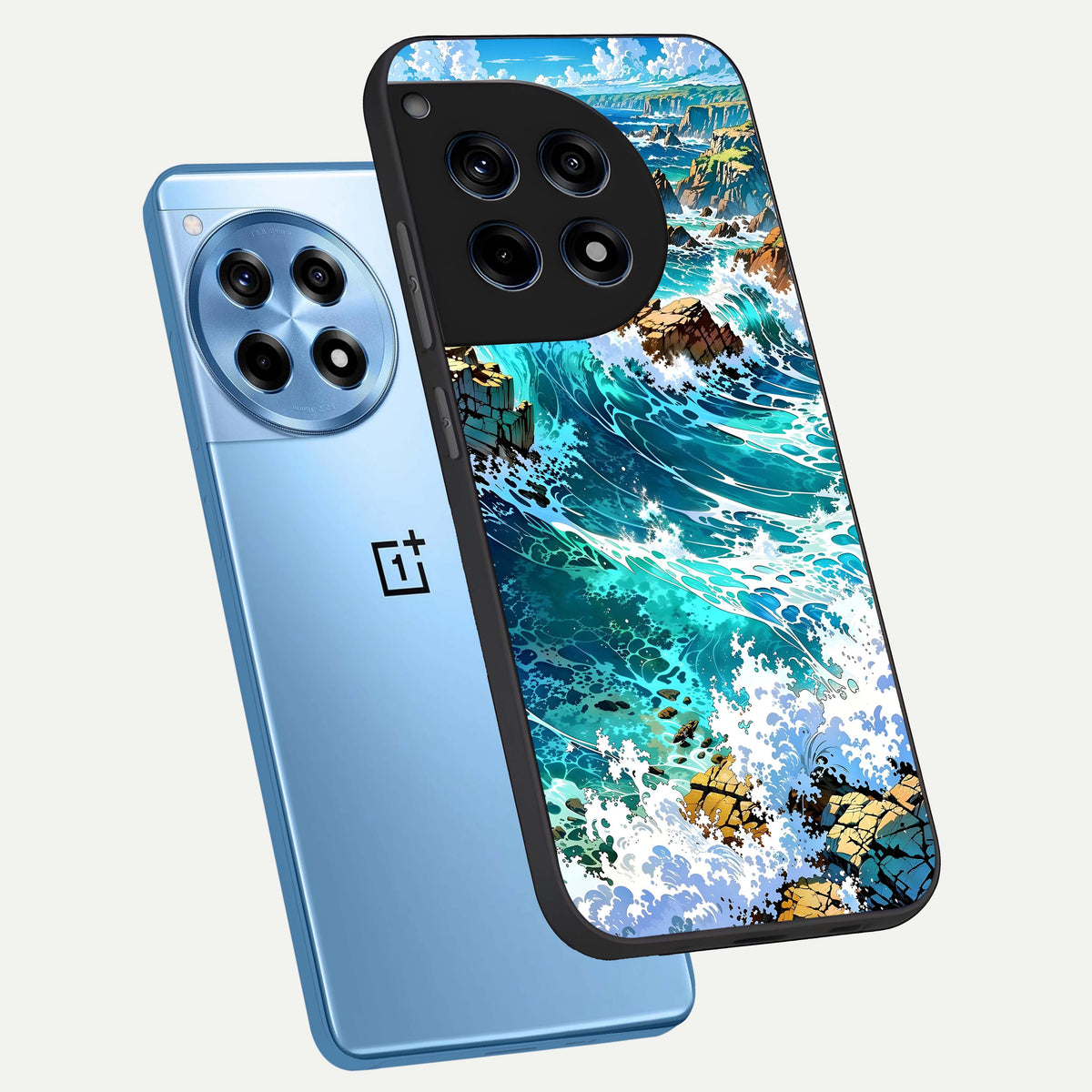  Coastal Blue Waves phone case For OnePlus 12R showing premium glass back cover with detailed artwork
