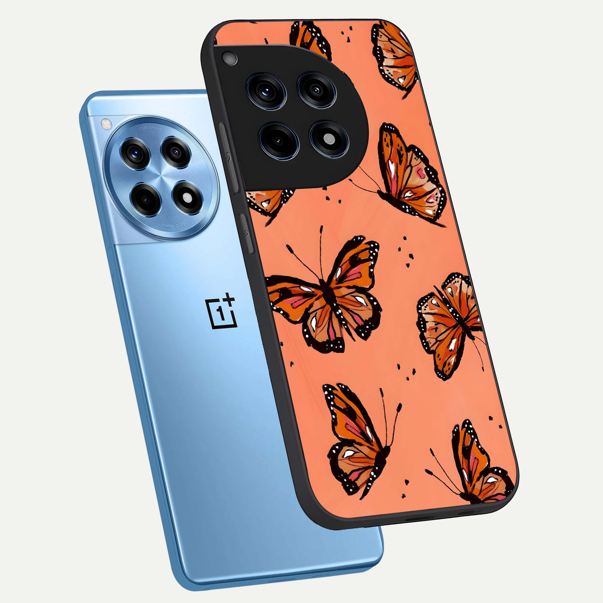  Coral Wing Butterfly phone case For OnePlus 12R showing premium glass back cover with detailed artwork