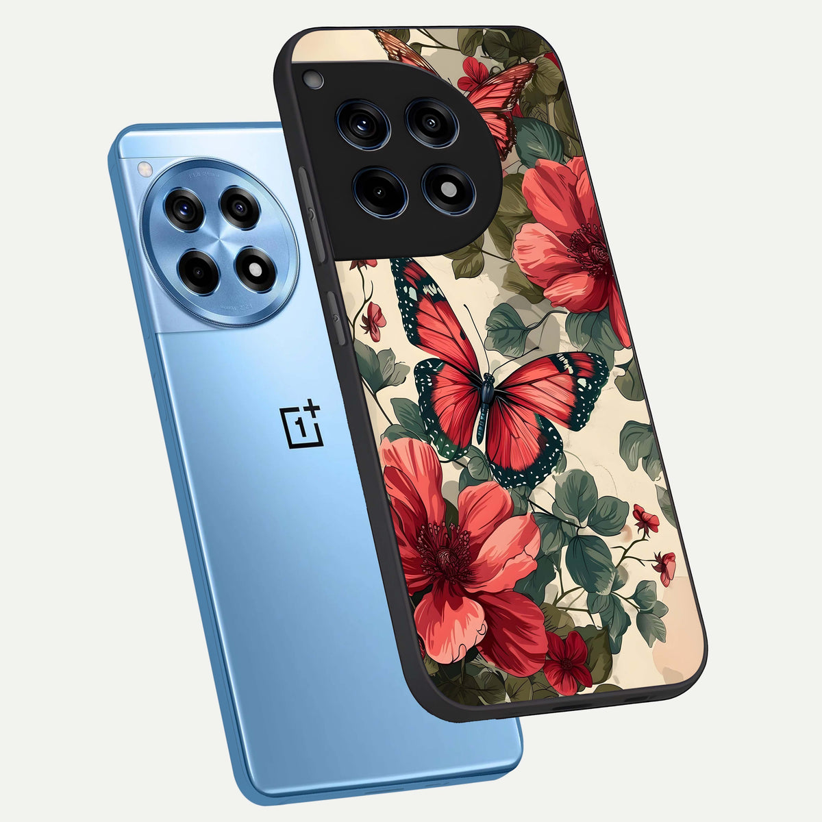  Crimson Butterfly Garden phone case For OnePlus 12R showing premium glass back cover with detailed artwork