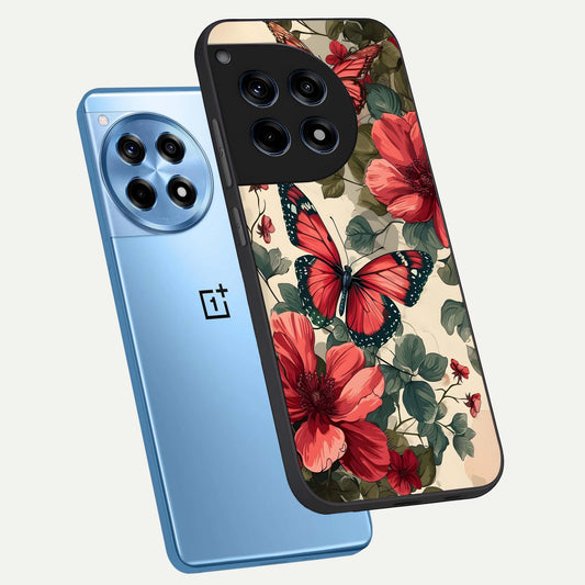  Crimson Butterfly Garden phone case For OnePlus 12R showing premium glass back cover with detailed artwork