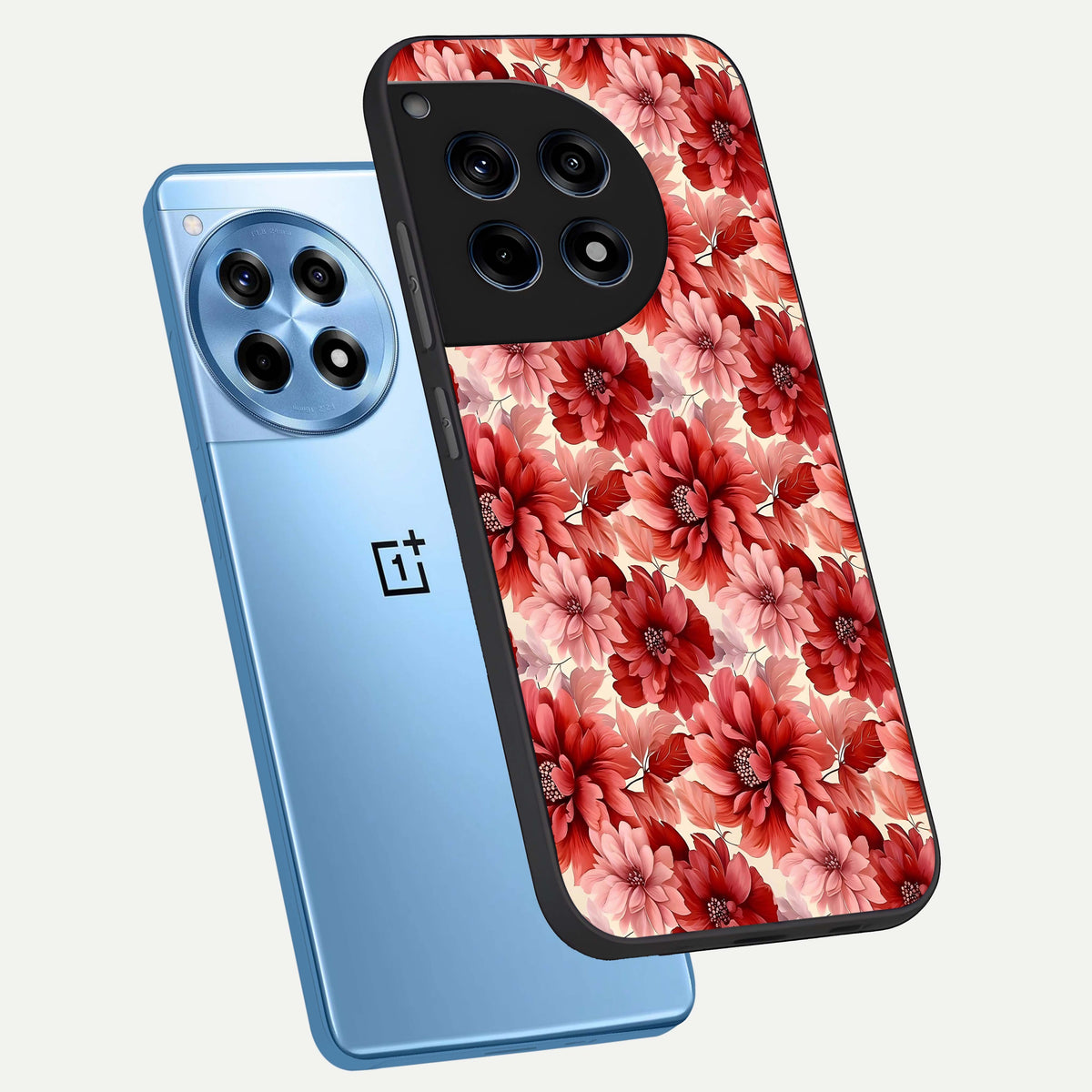  Crimson Love Petals phone case For OnePlus 12R showing premium glass back cover with detailed artwork