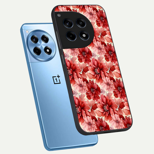  Crimson Love Petals phone case For OnePlus 12R showing premium glass back cover with detailed artwork