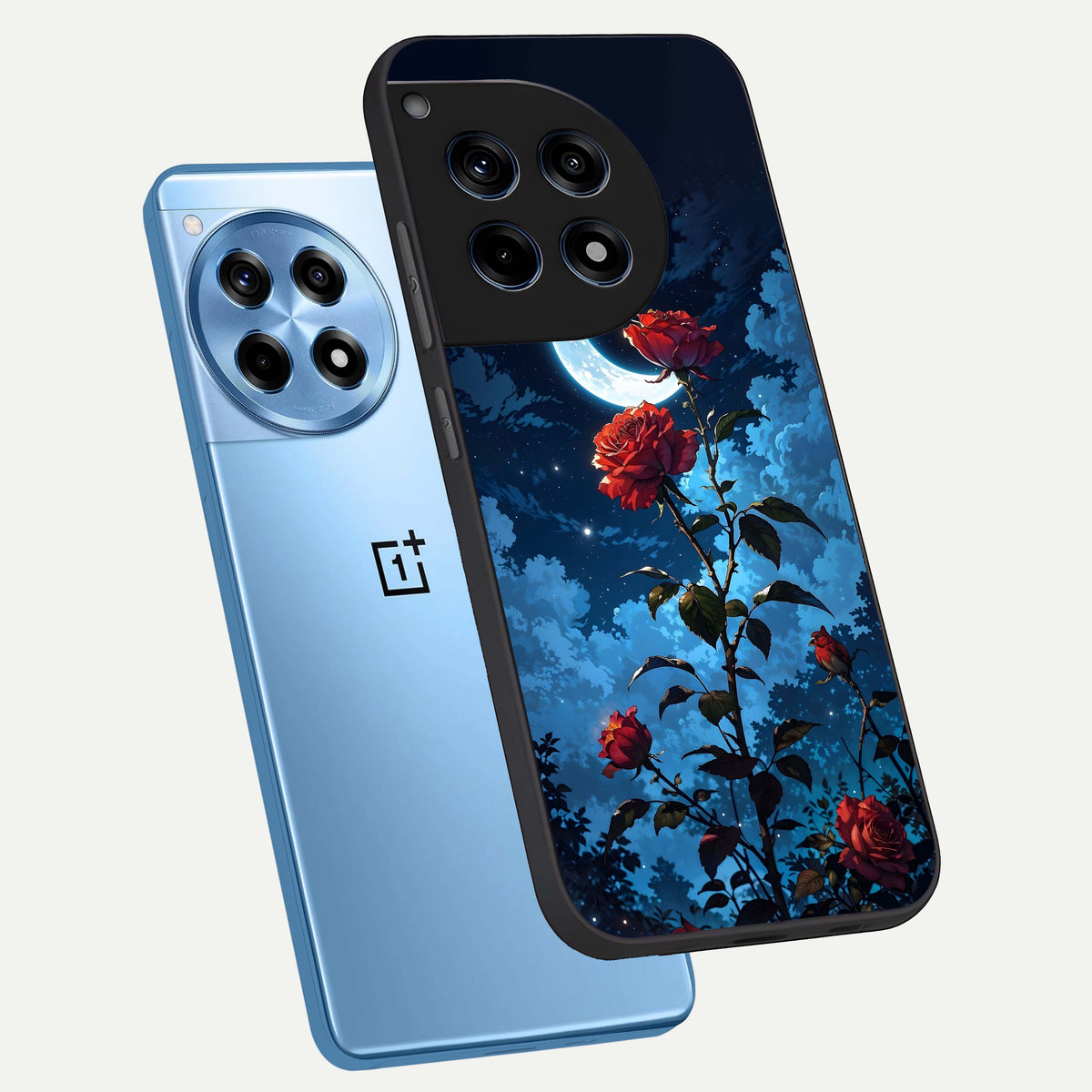  Crimson Rose Moon phone case For OnePlus 12R showing premium glass back cover with detailed artwork