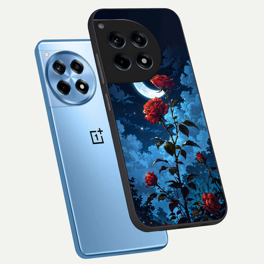  Crimson Rose Moon phone case For OnePlus 12R showing premium glass back cover with detailed artwork