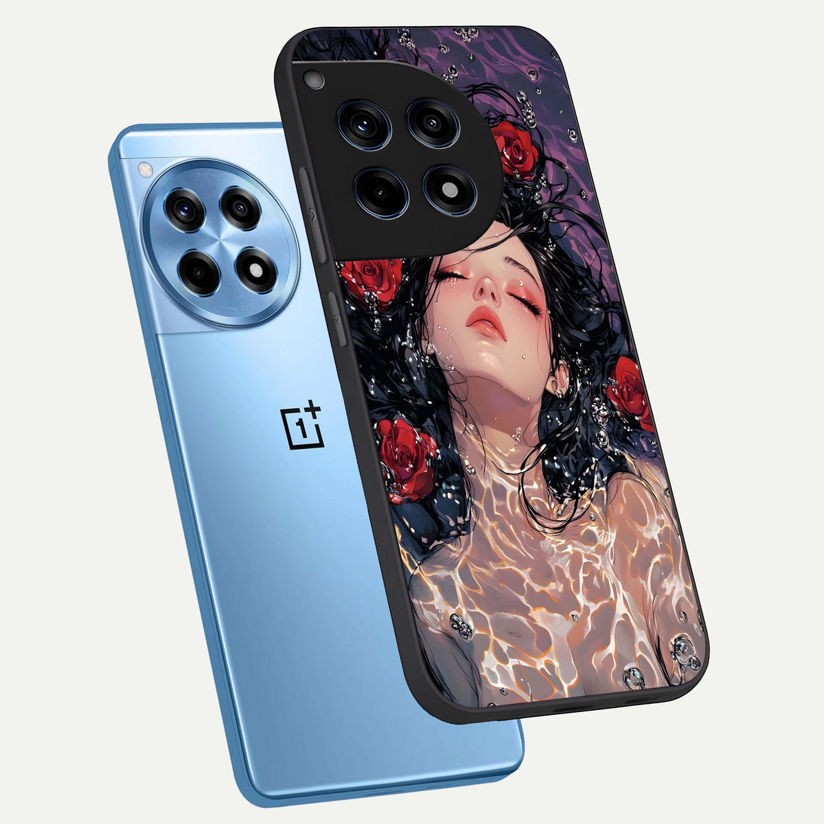  Crimson Rose Serenity phone case For OnePlus 12R showing premium glass back cover with detailed artwork
