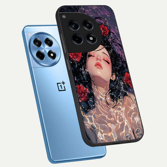  Crimson Rose Serenity phone case For OnePlus 12R showing premium glass back cover with detailed artwork