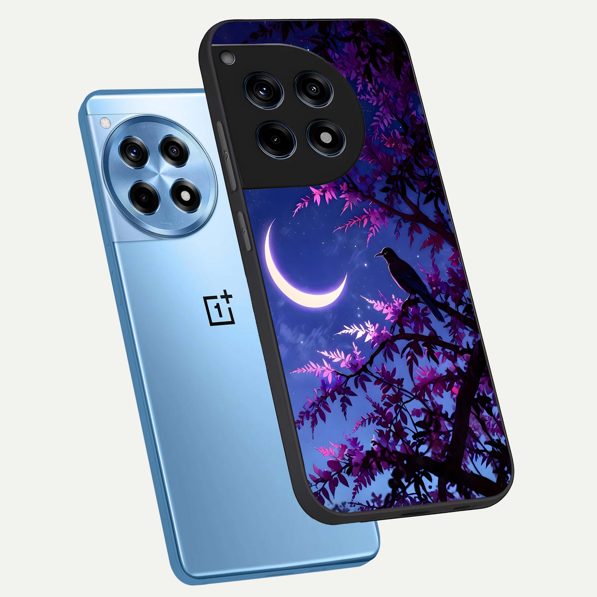  Crow And Moon Scenery phone case For OnePlus 12R showing premium glass back cover with detailed artwork