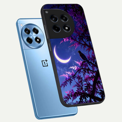  Crow And Moon Scenery phone case For OnePlus 12R showing premium glass back cover with detailed artwork