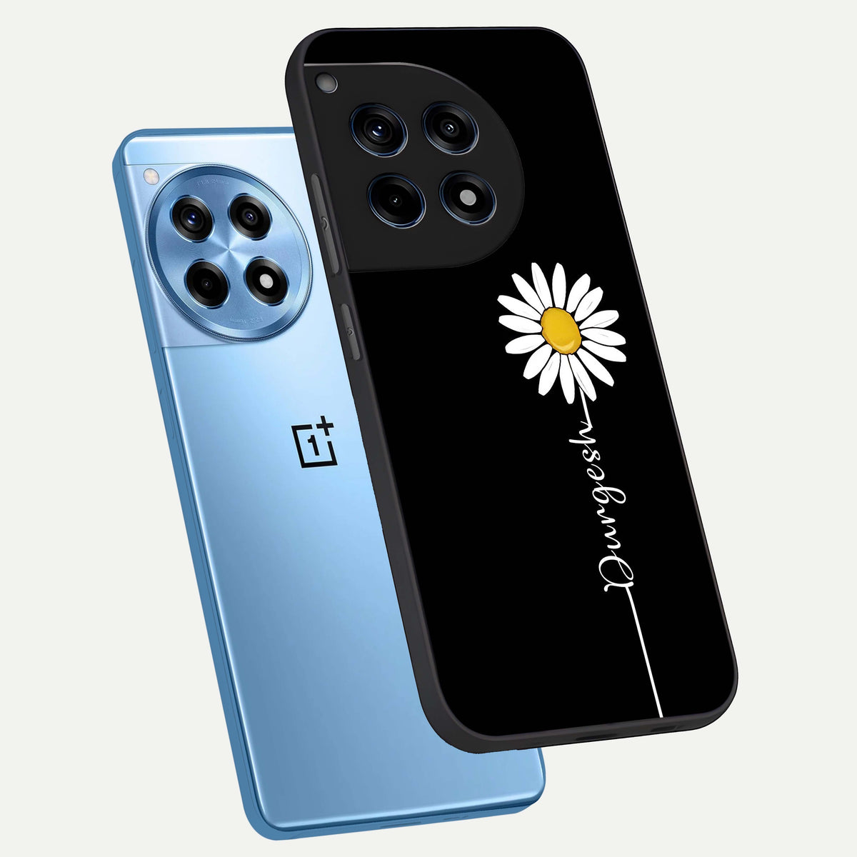  Custom Name White Flower phone case For OnePlus 12R showing premium glass back cover with detailed artwork