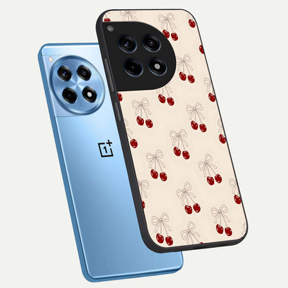  Cute Cherry Pattern phone case For OnePlus 12R showing premium glass back cover with detailed artwork