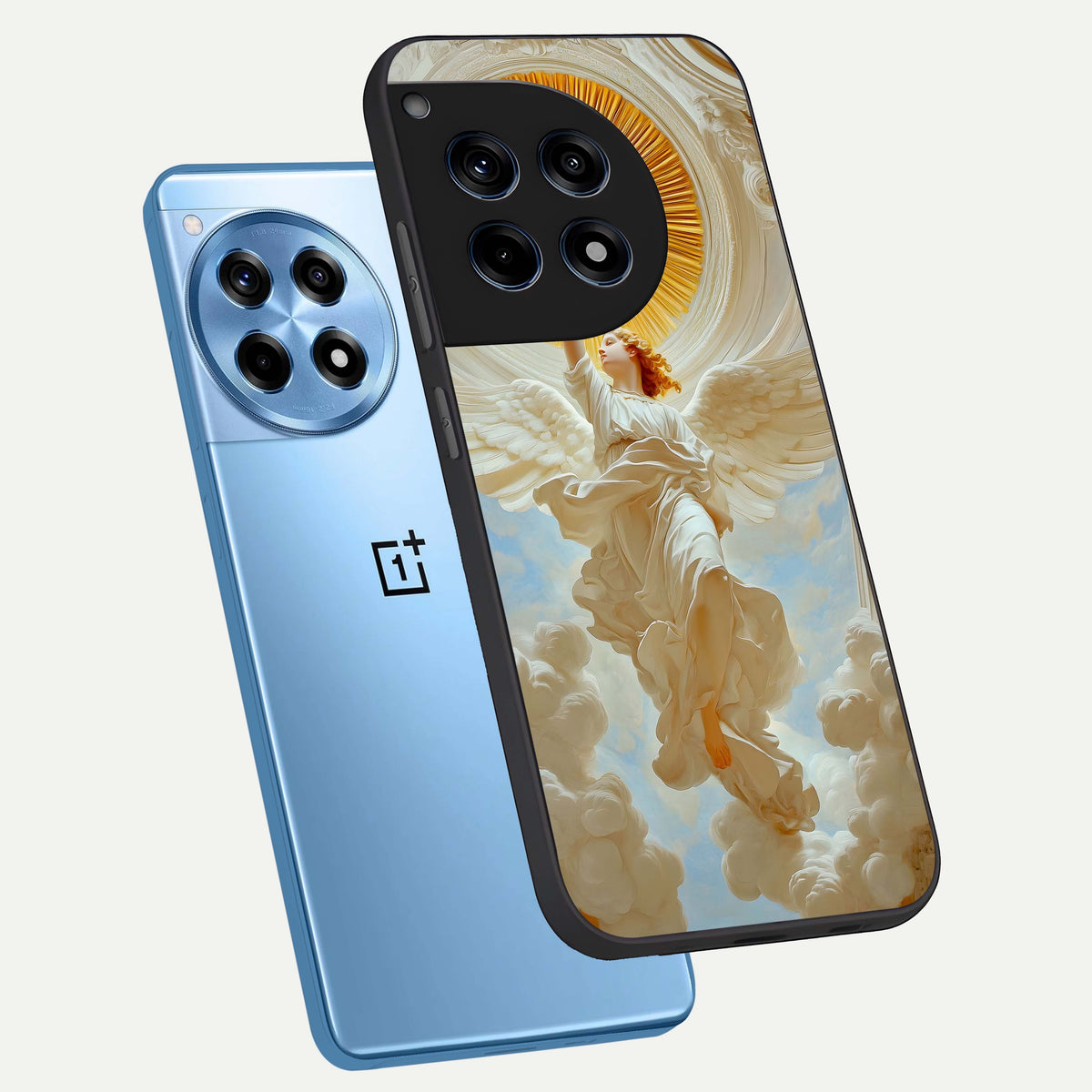  Divine Light Angel phone case For OnePlus 12R showing premium glass back cover with detailed artwork