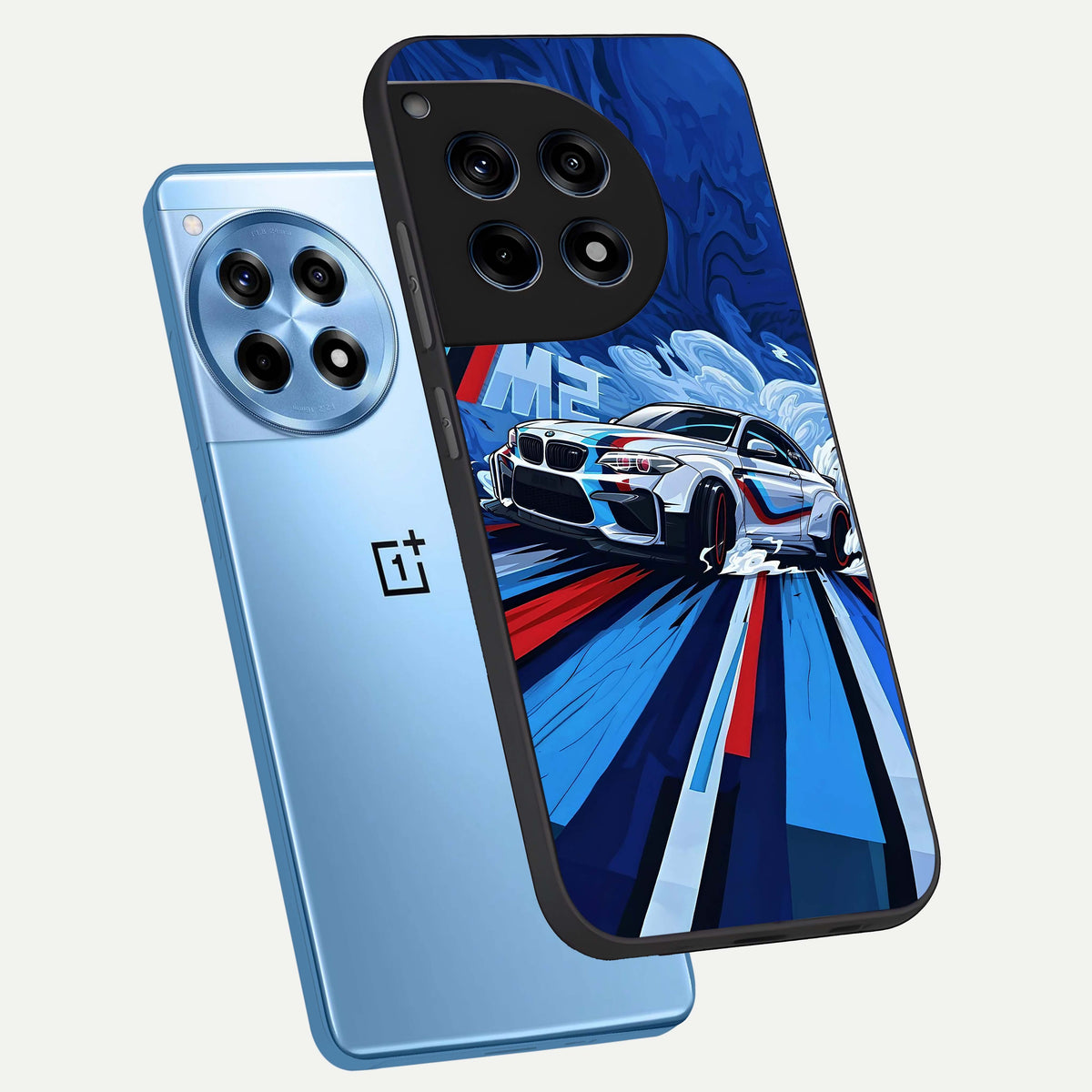  Drift Power Rush phone case For OnePlus 12R showing premium glass back cover with detailed artwork