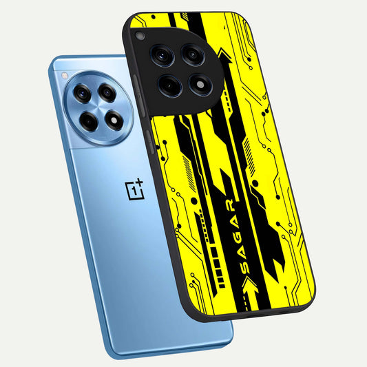 Electric Pulse CYBERPUNK Custom Name phone case For OnePlus 12R showing premium glass back cover with detailed artwork