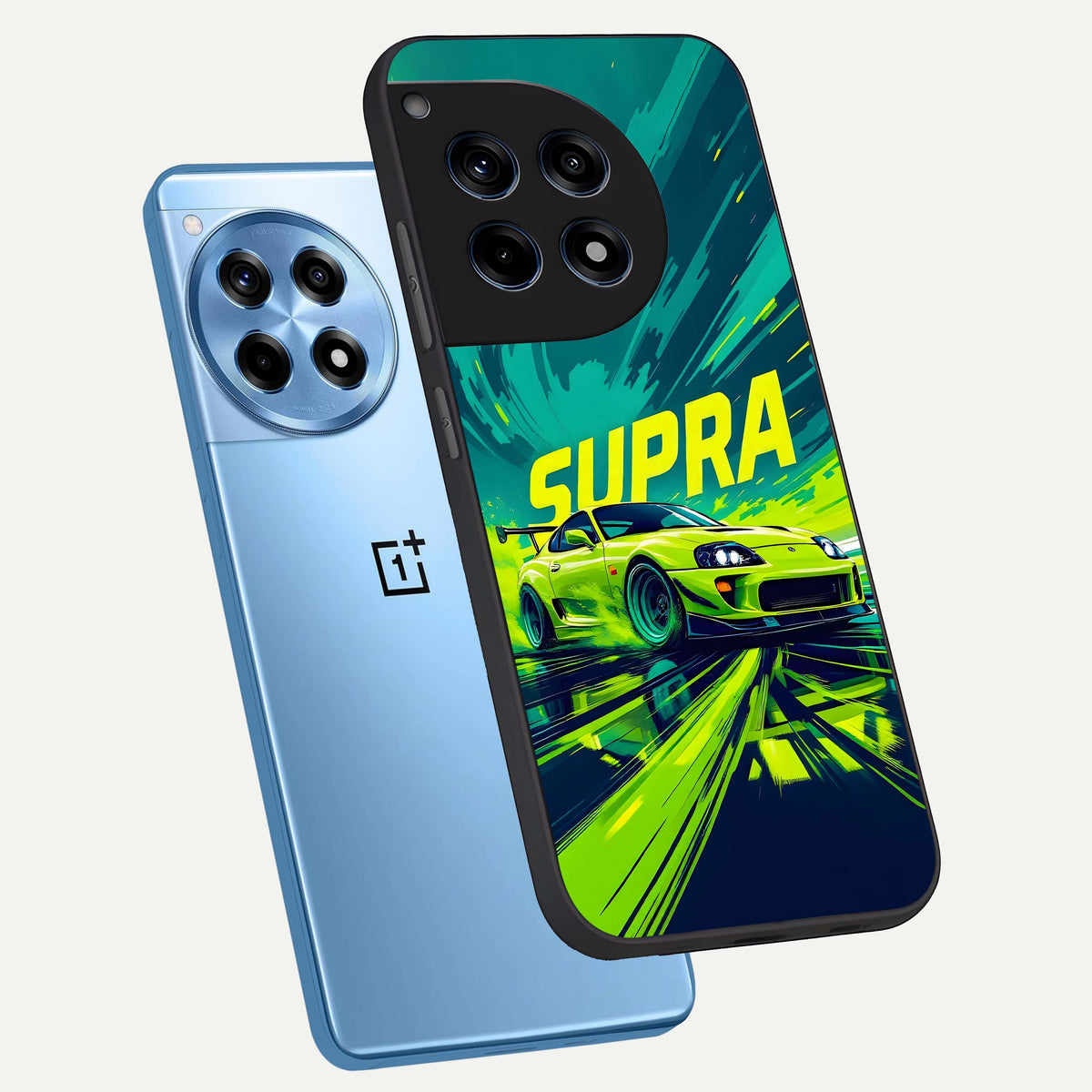  Electric Supra Thunder phone case For OnePlus 12R showing premium glass back cover with detailed artwork