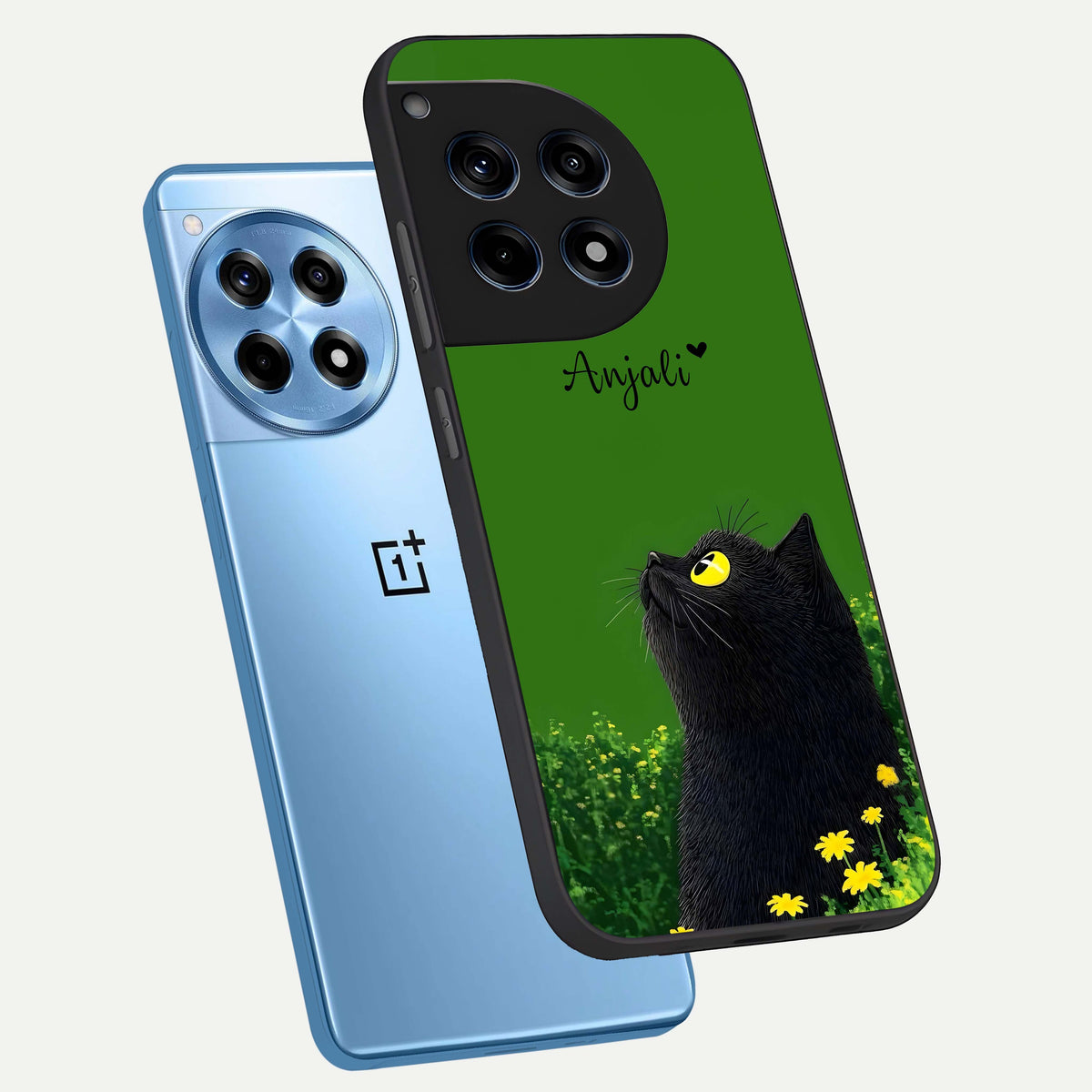  Emerald Cat Custom Name phone case For OnePlus 12R showing premium glass back cover with detailed artwork