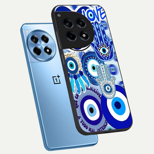  Evil Eyes Dream phone case For OnePlus 12R showing premium glass back cover with detailed artwork
